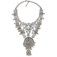 Silver Crystal Waterfall Diamante Medallion Bib Necklace